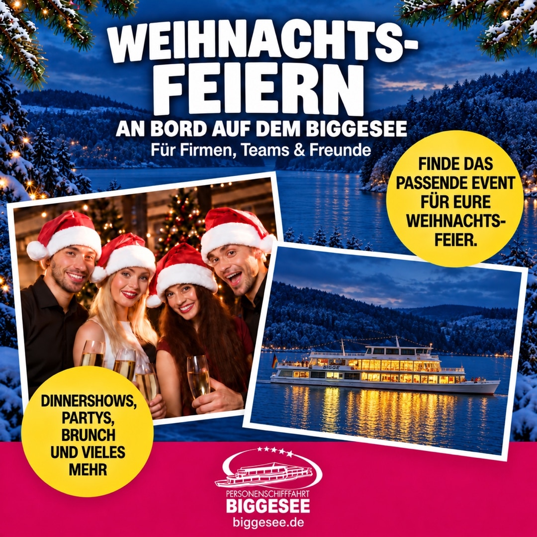 Weihnachtsfeiern an Bord auf dem Biggesee für Firmen, Teams und Freunde – Dinnershows, Partys und Brunch entdecken